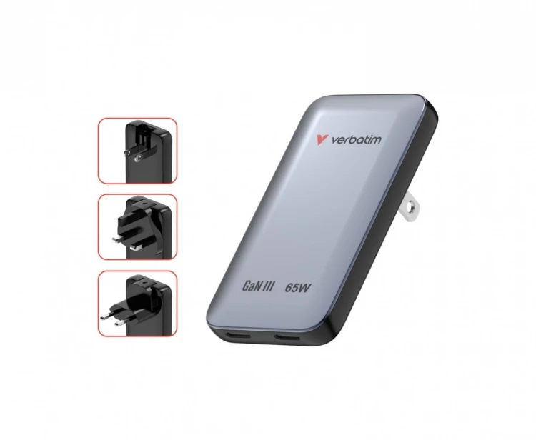 Verbatim Ładowarka Essentials Slim GaN 65W 2x USB-C, US/UK/UE szara