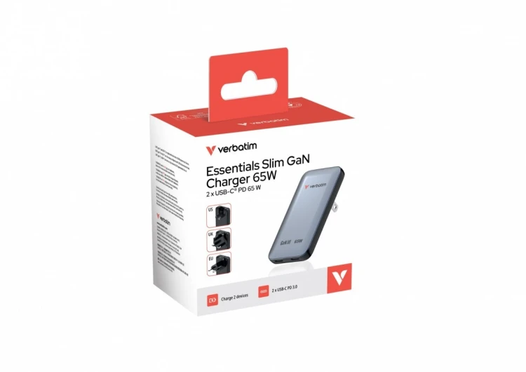 Verbatim Ładowarka Essentials Slim GaN 65W 2x USB-C, US/UK/UE szara