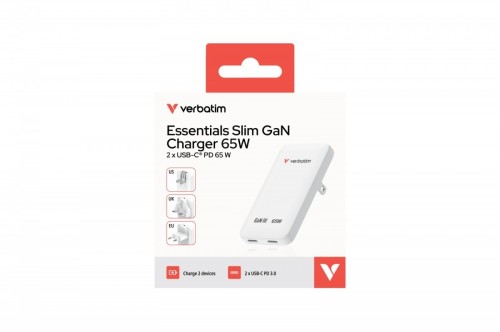 Verbatim Ładowarka Slim Essentials GaN 65W 2x USB-C US/UK/UE biała