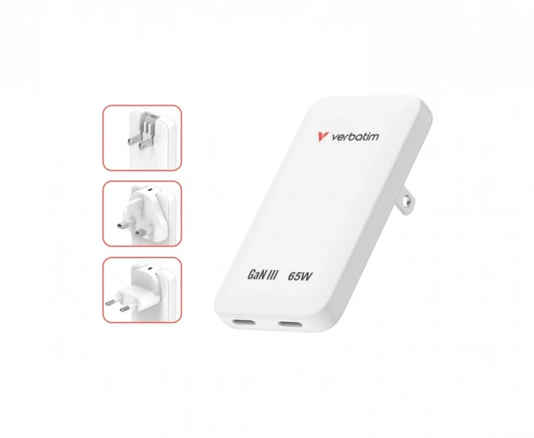 Verbatim Ładowarka Slim Essentials GaN 65W 2x USB-C US/UK/UE biała