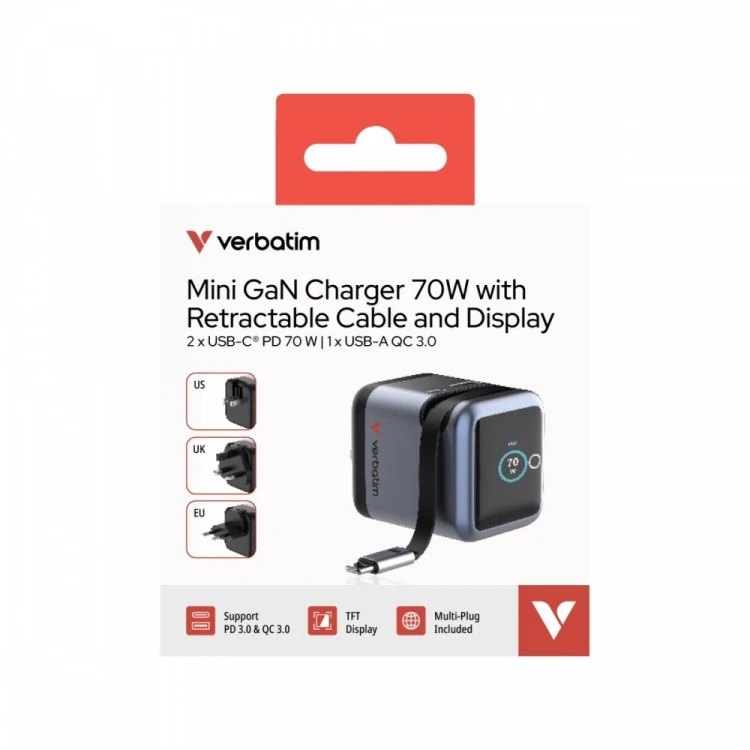 Verbatim Ładowarka Smart Mini GaN 70W wysuwany kabel USB-C EU, UK, USA