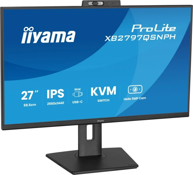 IIYAMA Monitor 27 cali Prolite XB2797QSNPH-B1,IPS,QHD,CAM,MIC,HDMI, DP, 4xUSB,75Hz, USB-C DOCK  96W, RJ45,KVM, 2x2W, 5MP WINDOWS HELLO, HAS 150,  350C
