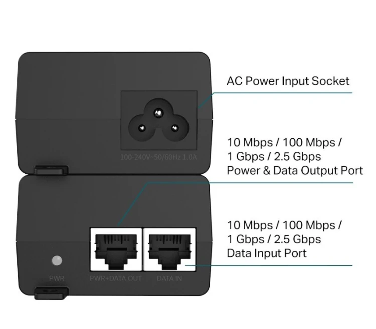 TP-LINK Injector Adapter Omada 2.5G PoE+  PORT: 1× 2.5G PoE Port, 1× 2.5G Non-PoE Port POE260S