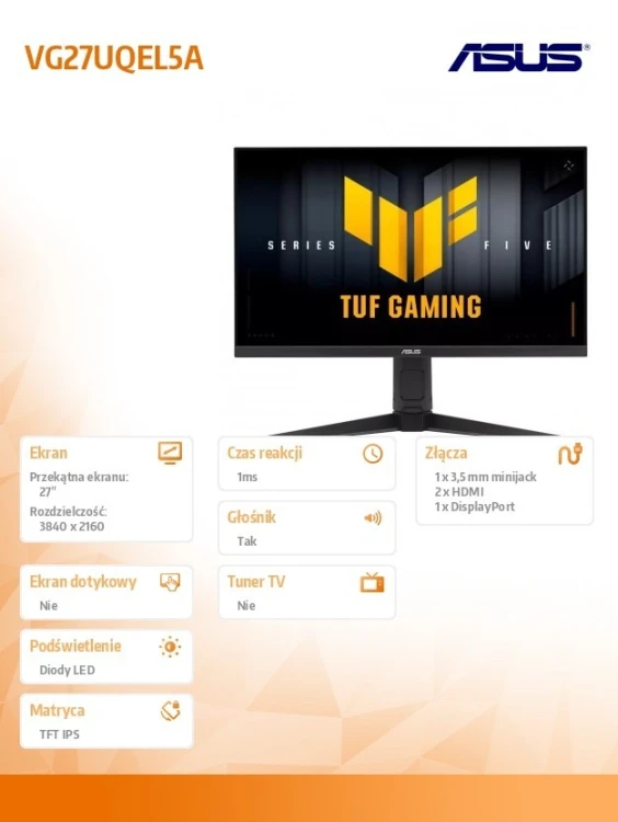 Asus Monitor 27 cali VG27UQEL5A TUF IPS 4K HDMI USB DP