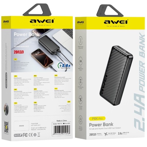 AWEI Powerbank 20000mAh P6K Pro 2xUSB-A/USB-C