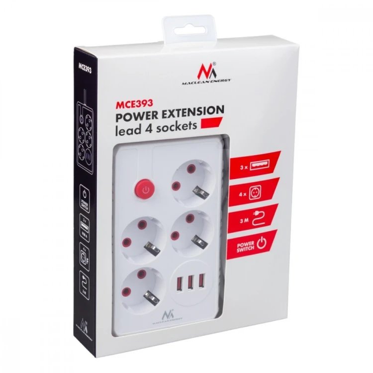 Maclean Listwa zasilająca MCE393 W 4 gniazdka, 3xUSB, 110-240V AC 50/60Hz. 2.1A max 2500W, 3m biała