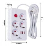 Maclean Listwa zasilająca MCE393 W 4 gniazdka, 3xUSB, 110-240V AC 50/60Hz. 2.1A max 2500W, 3m biała