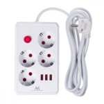 Maclean Listwa zasilająca MCE393 W 4 gniazdka, 3xUSB, 110-240V AC 50/60Hz. 2.1A max 2500W, 3m biała
