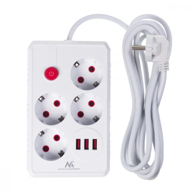 Maclean Listwa zasilająca MCE393 W 4 gniazdka, 3xUSB, 110-240V AC 50/60Hz. 2.1A max 2500W, 3m biała