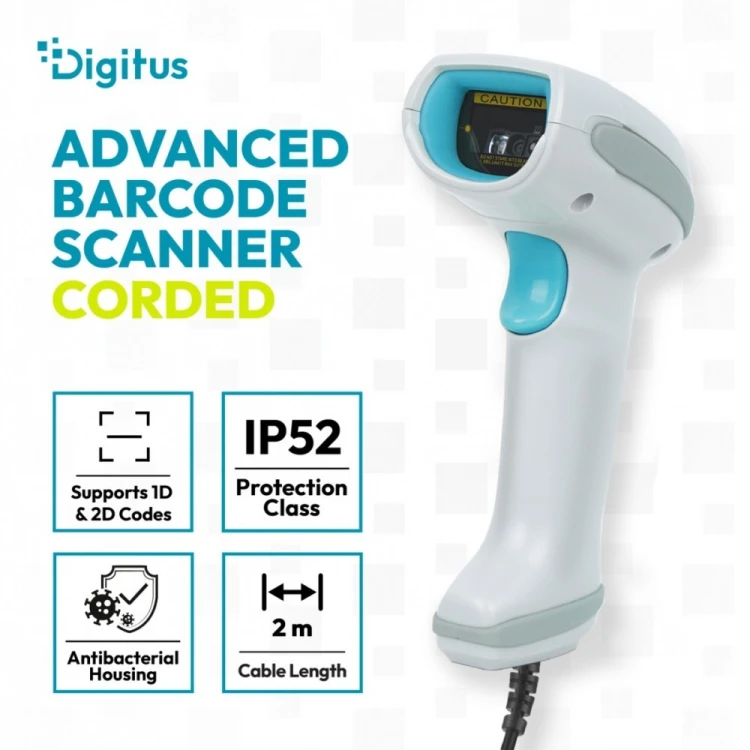 Digitus Zaawansowany czytnik kodów kreskowych przewodowy USB-RJ45 2m, 1D/2D 2m/s, IP52, stojak w zestawie