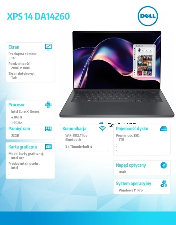 Dell Laptop XPS 14 DA14260 Win11Pro Core Ultra X7 358H/32GB/1TB/14 TOUCH/2,8K /Intel Arc/FgrPr/Cam/Mic/Backlit Kb/3 Cell/3Y ProSupport