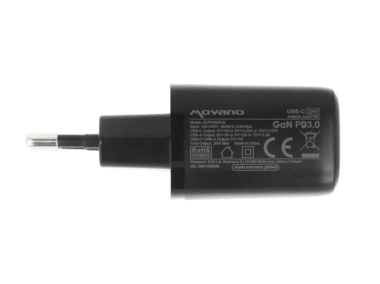 Movano Ładowarka GaN 20W USB-C PD + USB-A (czarna)