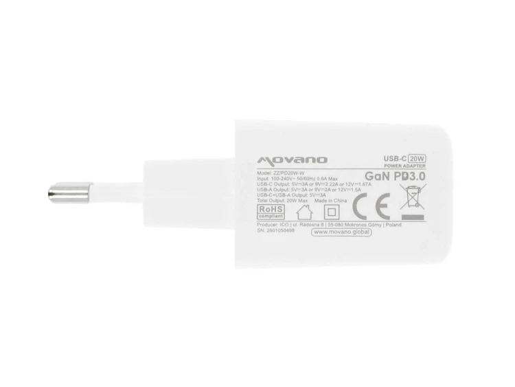 Movano Ładowarka GaN 20W USB-C PD + USB-A (biała)