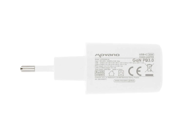 Movano Ładowarka GaN 30W USB-C PD + USB-A (biała)