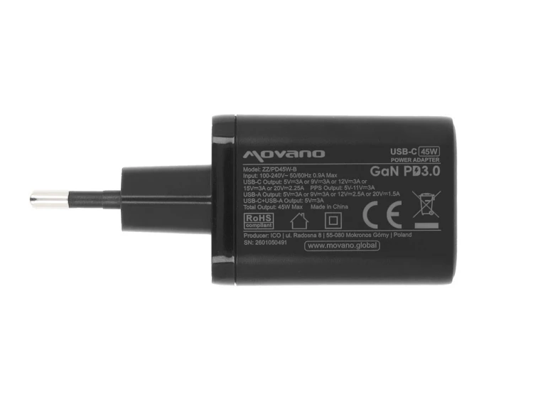 Movano Ładowarka GaN 45W USB-C PD + USB-A (czarna)