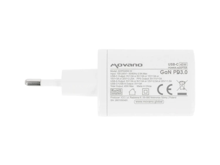Movano Ładowarka GaN 45W USB-C PD + USB-A (biała)