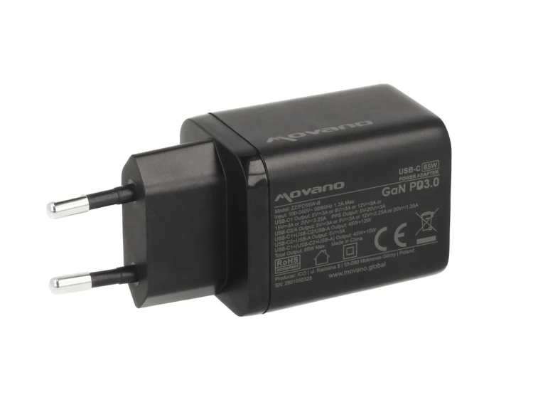 Movano Ładowarka GaN 65W 2x USB-C PD + USB-A (czarna)