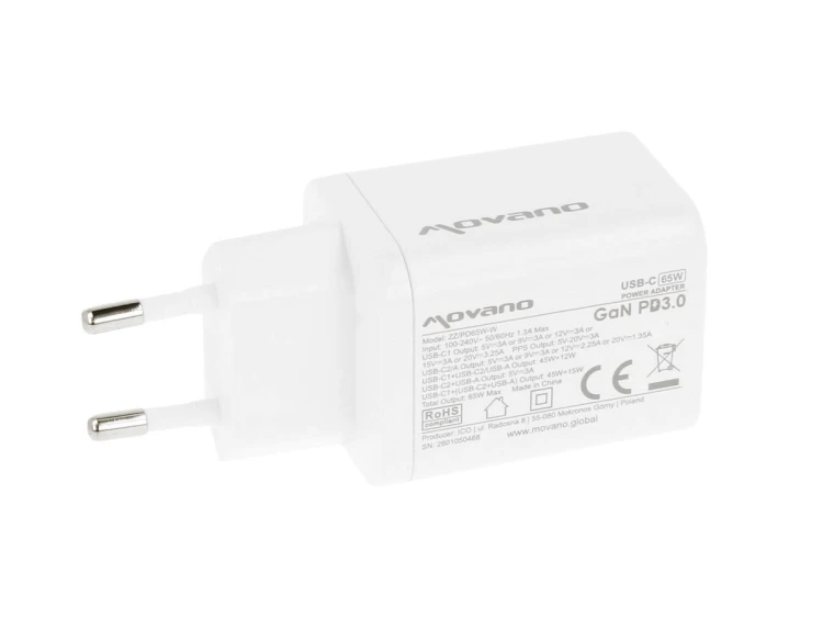 Movano Ładowarka GaN 65W 2x USB-C PD + USB-A (biała)