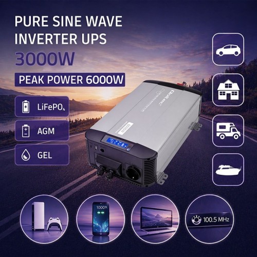 Qoltec Przetwornica napięcia Pure Sine Wave | 12V na 230V | 3000/6000W |UPS BYPASS