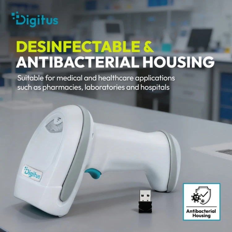 Digitus Zaawansowany czytnik kodów kreskowych bezprzewodowy USB-RJ45 2m, 1D/2D 2m/s, IP52, stojak w zestawie