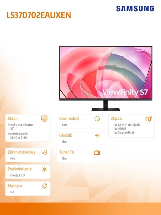 Samsung Monitor 37 cali ViewFinity S70D VA 3840x2160 UHD 16:9 1xHDMI 1xDP 5ms PinP/PbyP 60Hz płaski 2Yd2d LS37D702EAUXEN