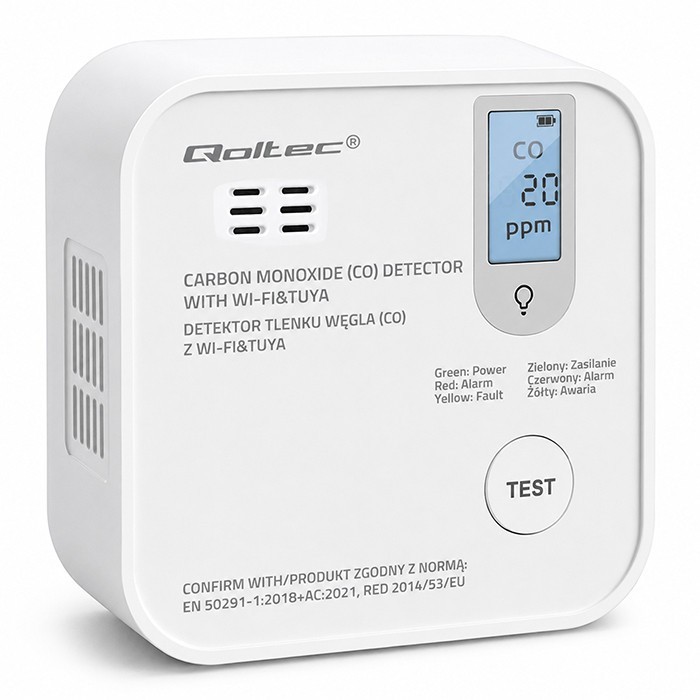 Qoltec Czujnik tlenku węgla (czadu) | detektor CO | TUYA | Wi-Fi | LED