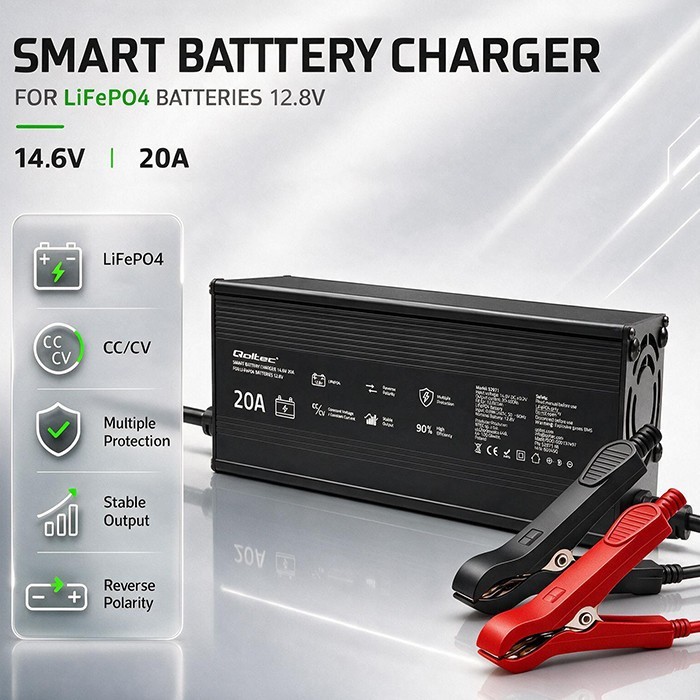 Qoltec Ładowarka do akumulatora LiFePO4 12V | 20A | PF 0.9 | LED