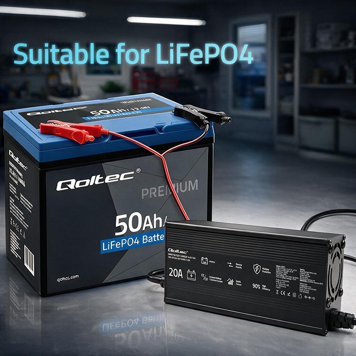 Qoltec Ładowarka do akumulatora LiFePO4 12V | 20A | PF 0.9 | LED