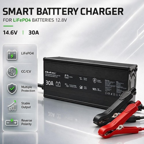 Qoltec Ładowarka do akumulatora LiFePO4 12V | 30A | PF 0.9 | LED