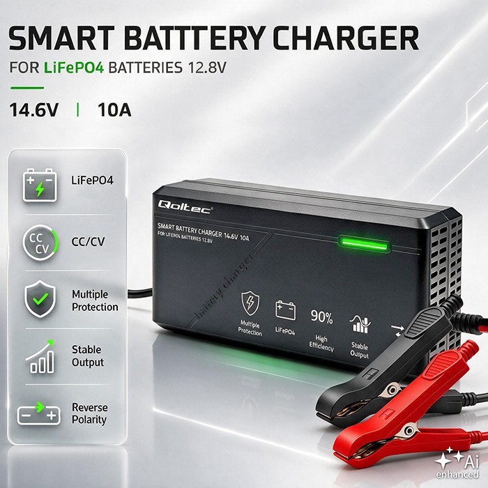 Qoltec Ładowarka do akumulatora LiFePO4 12V | 10A | PF 0.9 | LED