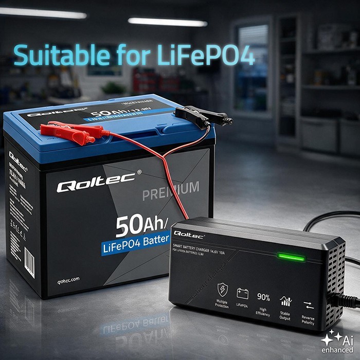 Qoltec Ładowarka do akumulatora LiFePO4 12V | 10A | PF 0.9 | LED