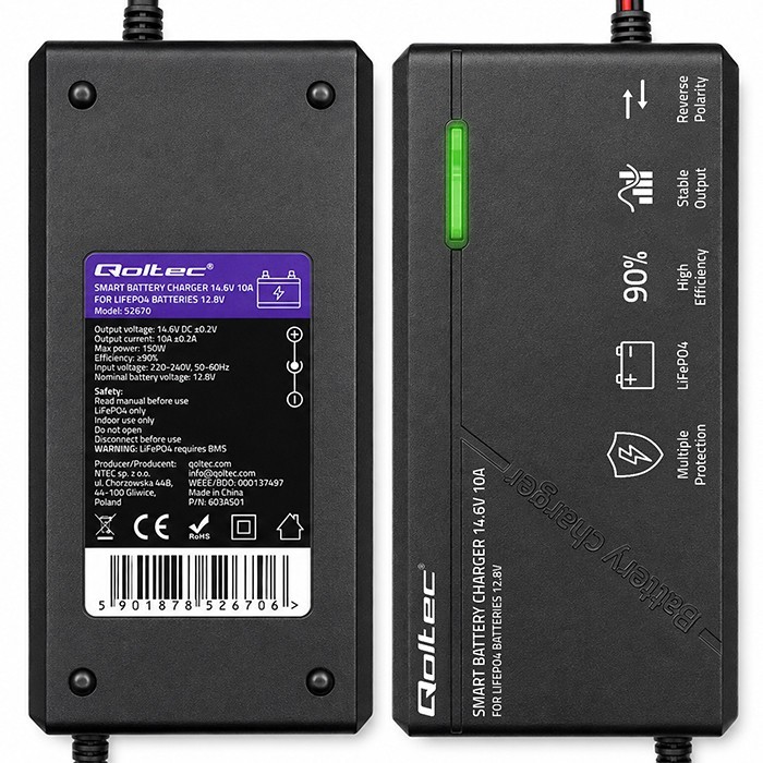 Qoltec Ładowarka do akumulatora LiFePO4 12V | 10A | PF 0.9 | LED