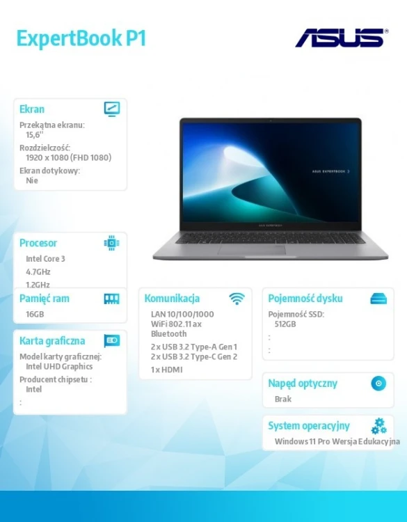 Asus Laptop ExpertBook P1 P1503CVA-S72681XA Core 3 100U/16GB/512GB/W11Pro