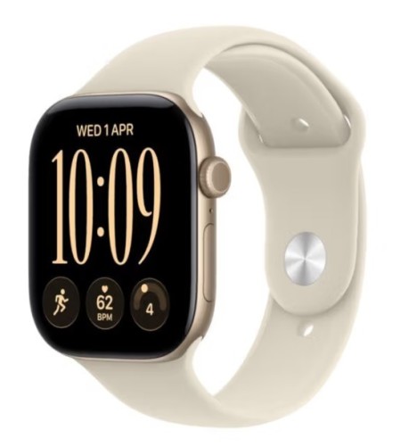 Apple Watch seria 12 GPS, koperta 42 mm z aluminium w kolorze jasnego złota, pasek sportowy w kolorze piasku - rozmiar S/M