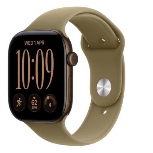 Apple Watch seria 12 GPS, koperta 42 mm z aluminium w kolorze ciemnego brązu, pasek sportowy w kolorze oliwki - rozmiar M/L