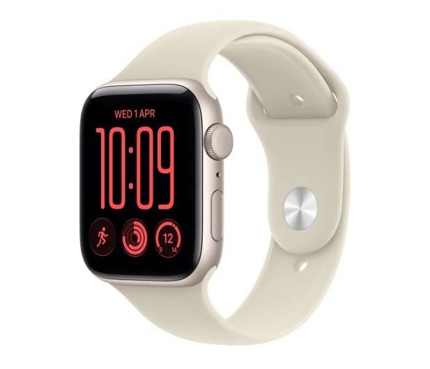 Apple Smartwatch Watch SE 3 GPS, koperta 44mm z aluminium w kolorze księżycowej poświaty, pasek sportowy w kolorze piaskowym - rozmiar S/M