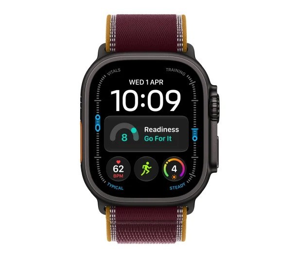 Apple Smartwatch Watch Ultra 4 GPS + Cellular, koperta 49mm z tytanu w kolorze czarnym, opaska Trail w kolorze burgunda - rozmiar M/L