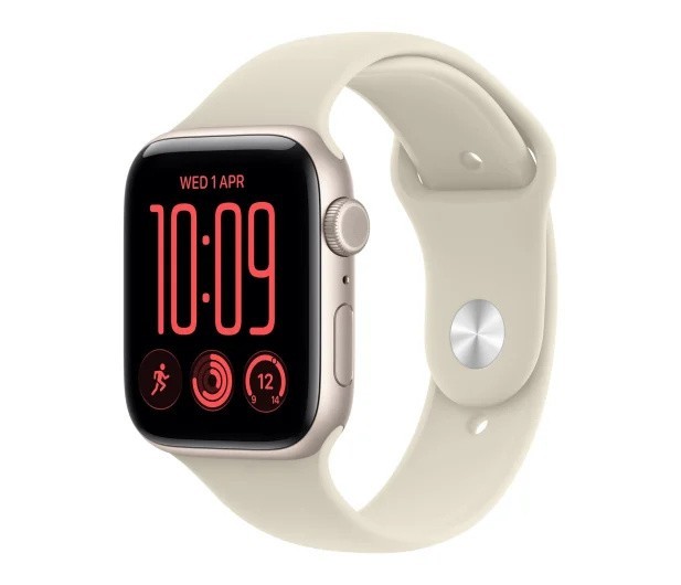 Apple Smartwatch Watch SE 3 GPS + Cellular, koperta 40mm z aluminium w kolorze księżycowej poświaty, pasek sportowy w kolorze piaskowym - rozmiar M/L