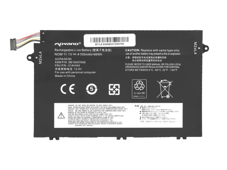 Movano Bateria 01AV445 do Lenovo ThinkPad E14 E15 E480 E580 E590 - 4100 mAh (46 Wh)