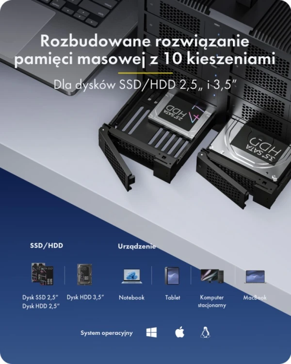 IcyBox Obudowa IB-3710-C31 10xHDD 2,5"/3,5" SATA, Single Mode, HOST USB 3.2 Gen2, Zasilacz 200W