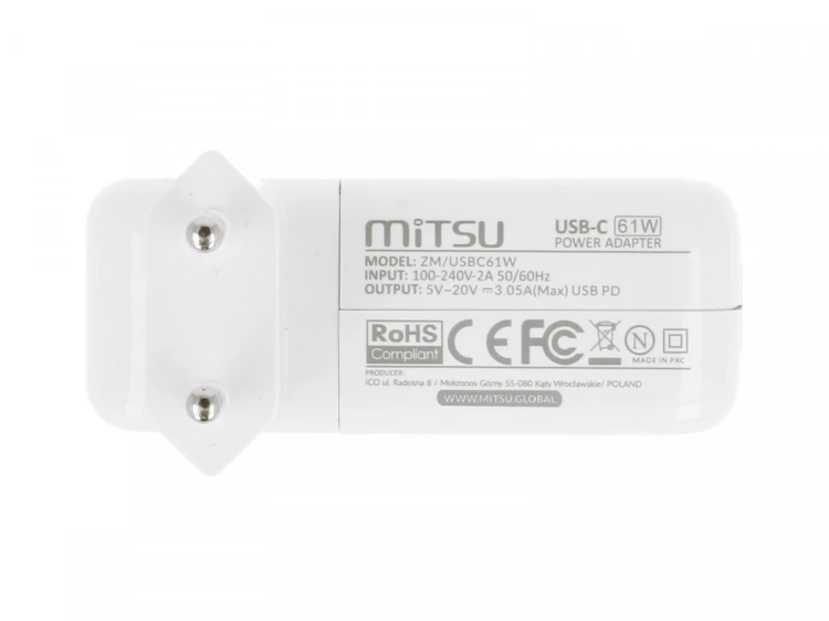 Mitsu Zasilacz ładowarka do laptopa 61W USB-C 5V-9V-12V-15V-20V-20.3V/3A PD
