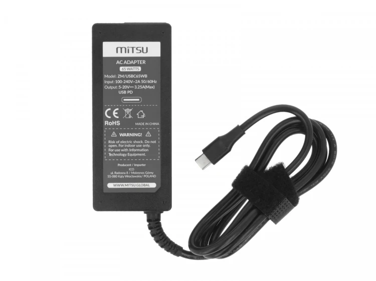 Mitsu Zasilacz ładowarka do laptopa 65W USB-C 5V-9V-12V-15V-20V/3A, 20V/3.25A PD