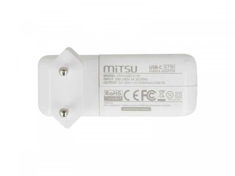 Mitsu Zasilacz ładowarka do laptopa 67W USB-C 5V-9V-12V-15V/3A, 20V/3.35A PD