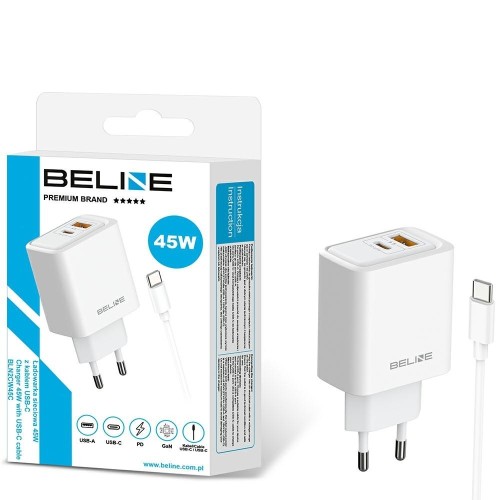Beline Ładowarka sieciowa 45W USB-A/USB-C z kablem GaN PD biała