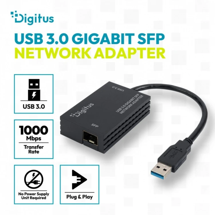 Digitus Karta sieciowa USB 3.0 typ A na Gigabit SFP, adapter światłowodowy 1000 Mb/s, moduł SFP sprzedawany osobno