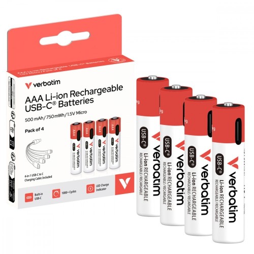 Verbatim Akumulatory AAA USB-C 500 mAh 750mWh 4 szt + kabel USB-C