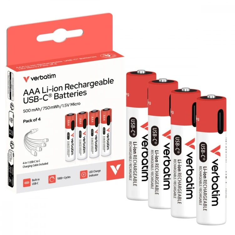 Verbatim Akumulatory AAA USB-C 500 mAh 750mWh 4 szt + kabel USB-C