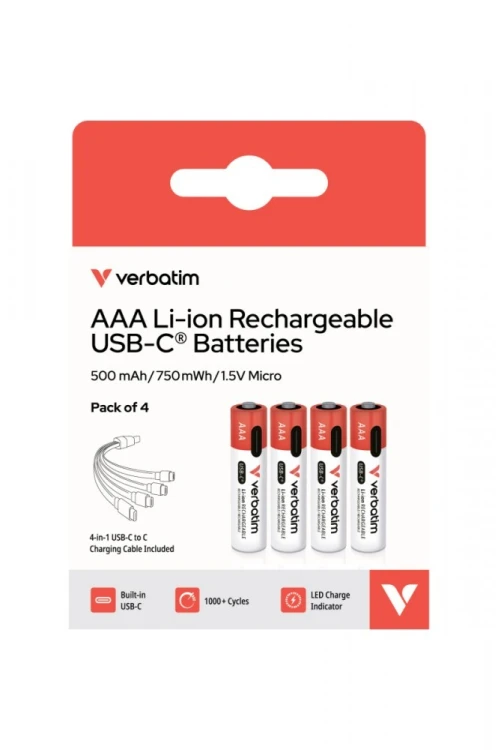 Verbatim Akumulatory AAA USB-C 500 mAh 750mWh 4 szt + kabel USB-C
