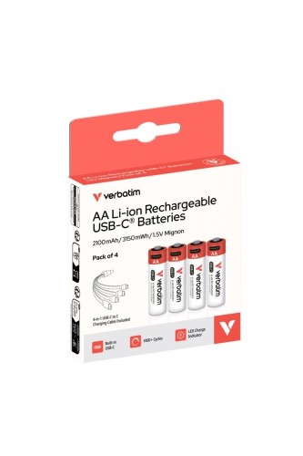 Verbatim Akumulatory AA USB-C 2100mAh 3150mWh  4 szt + kabel USB-C