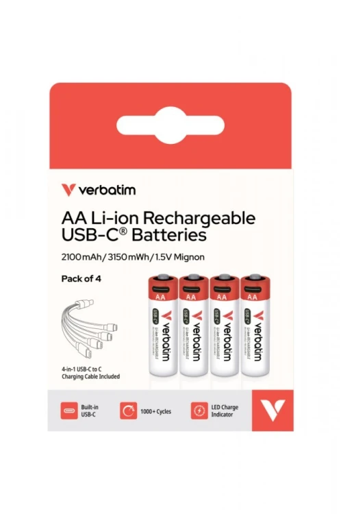 Verbatim Akumulatory AA USB-C 2100mAh 3150mWh  4 szt + kabel USB-C